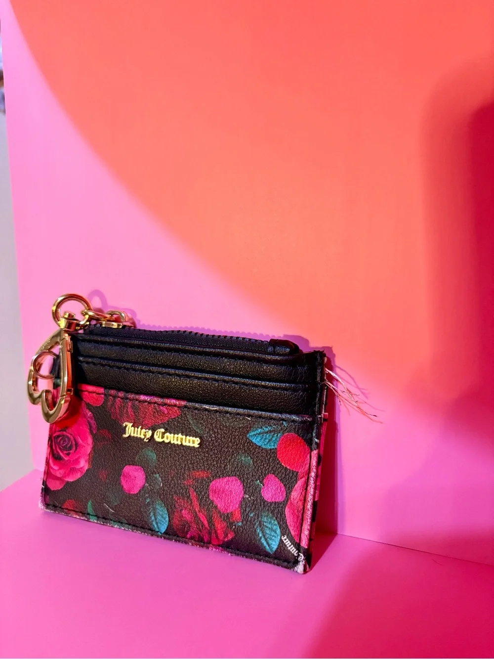 Juicy Couture Floral Card Case Wallet with Gold Heart Charm - Black